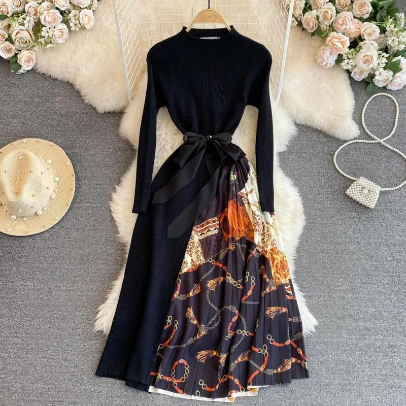 Vintage Patchwork Knitted primark party dresses 2022 with Long Sleeves and Elegant Sweater - Slim Fit Midi Pleated Evening Gown (Style 221203)