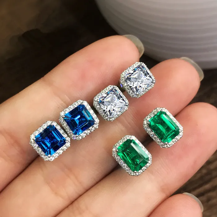 مستطيلات Zircon Zircon Diamond Earrings Blue Green Stud Ear Rings for Women Fashion Fine Jewelry