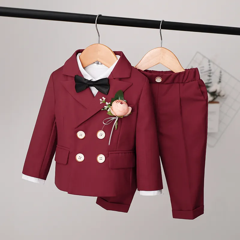 Suits Children s Formal Burgundy Suit Set Autumn Winter British Boys Jacket Pants Vest Outfit Kids Baby s First Birthday Party Dress 221205