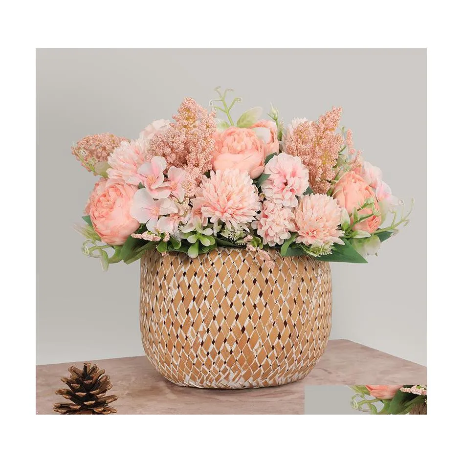 Couronnes de fleurs décoratives Fleurs artificielles Vintage Soie Rose Bouquet Mariée Tenant Faux Accueil Décoration De Mariage Accessoires 556 Dhcel