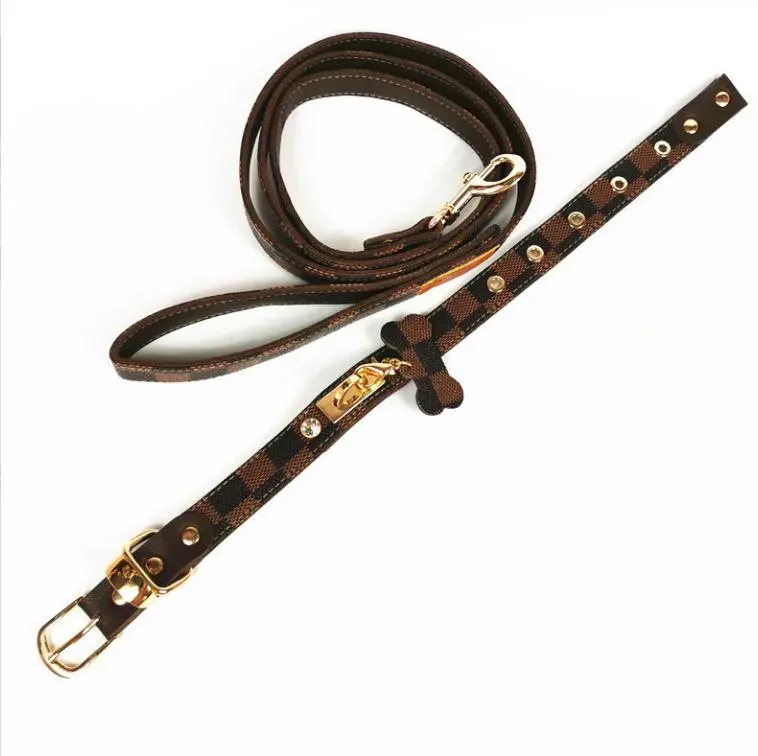 Luxury Brown Pet Collars Leather Popular Print Dog Leashes Fashion Pet Neck225E