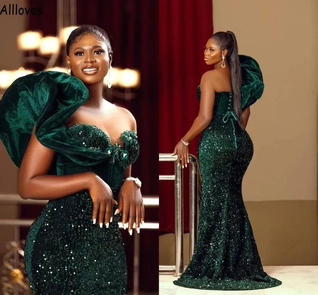 Ragazze africane verde scuro abiti da ballo con paillettes sexy una spalla increspato abiti da sera a sirena Aso Ebi Sweep Train secondo abito formale da ricevimento Plus Size CL1555