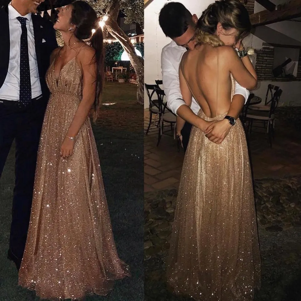 Gül altın uzun balo elbiseleri yeni şampanya seksi v yaka spagetti kayışları payetli resmi parti gece önlükleri vestido de gala