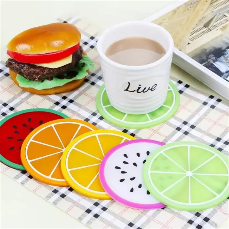 Fruit Silicone Coaster Mats M￶nster F￤rgglad rund kopp kuddeh￥llare Tjock dryck bordsartiklar muggar