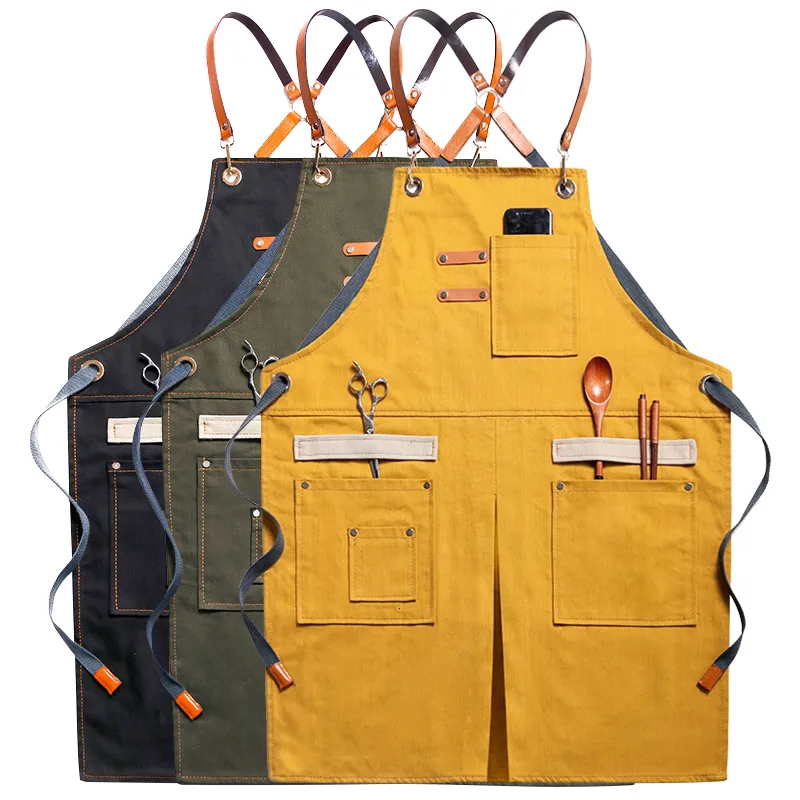 Tabliers Solide Jaune Toile Maître Cuisine Accessoires Poche Café Pinafore Maison Nettoyage Cuisson Travail Pour Coiffeur 46479 221203