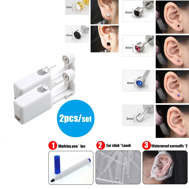 2pcs/Set Teslim edilebilir Steril Kulak Burun Delme Tabancası Kit Birimi Güvenlik Taşınabilir Kendi Kulak Burun Pierce Aracı Saplamalarla