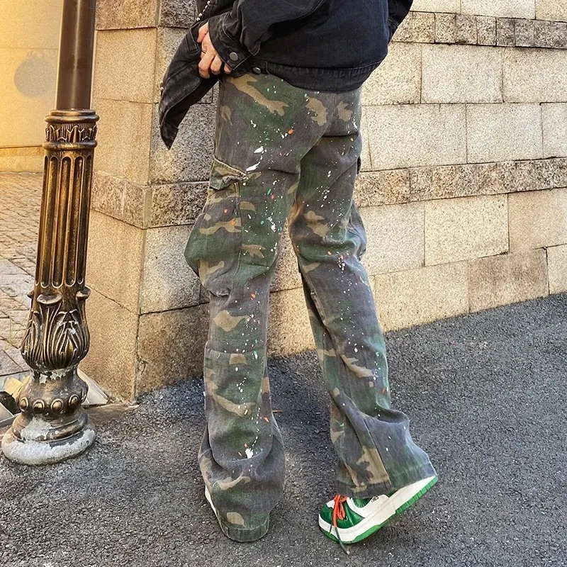 Pantalon Cargo à jambes larges pour hommes, mode Camouflage, poches latérales, jogging de sport, rétro décontracté, ample et évasé, 291j