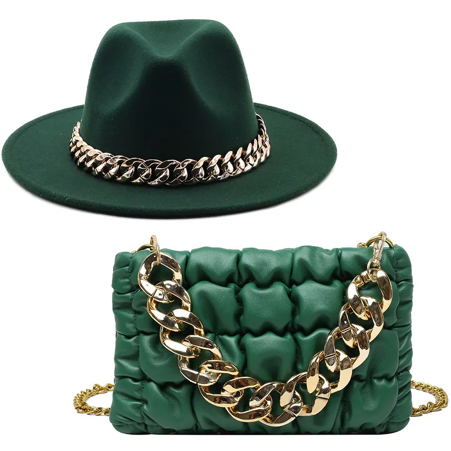 Wide Brim Hats Bucket luxury Girl Wool Chain Fedora Oversized Accessory Bag For Women flat top Latest Two-piece Set 221205