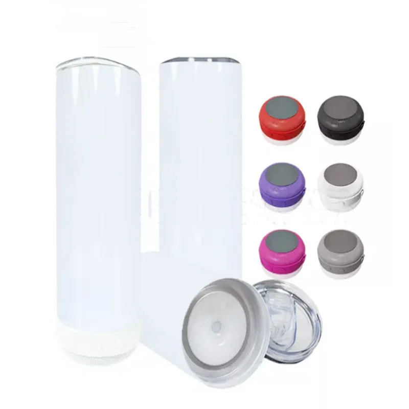 US Warehouse 20oz Sublimation Straight Blank Speaker Tumbler Stainless Steel Bluetooth Drinking Bottle With Lid & Straw DIY Outdoor Travel Mugs Mixed Color 12pcs B6
