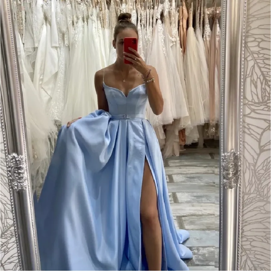 Bleu clair chérie longues robes De bal Sexy fendu dos nu une ligne robe De soirée fête pour les femmes Vestido De Festa Chic