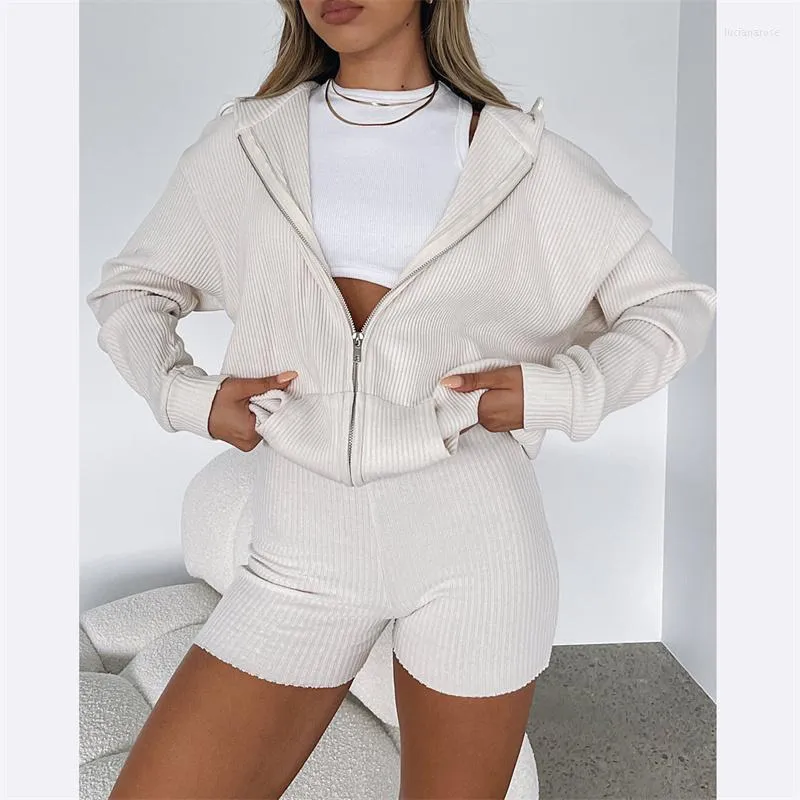 Kvinnors tr￤ningsdr￤kter Autumn Spring Clothes Set Female Solid Zip Up Hoodies Tops Shorts Women Long Sleeve Casual Fashion Loungewear S M L