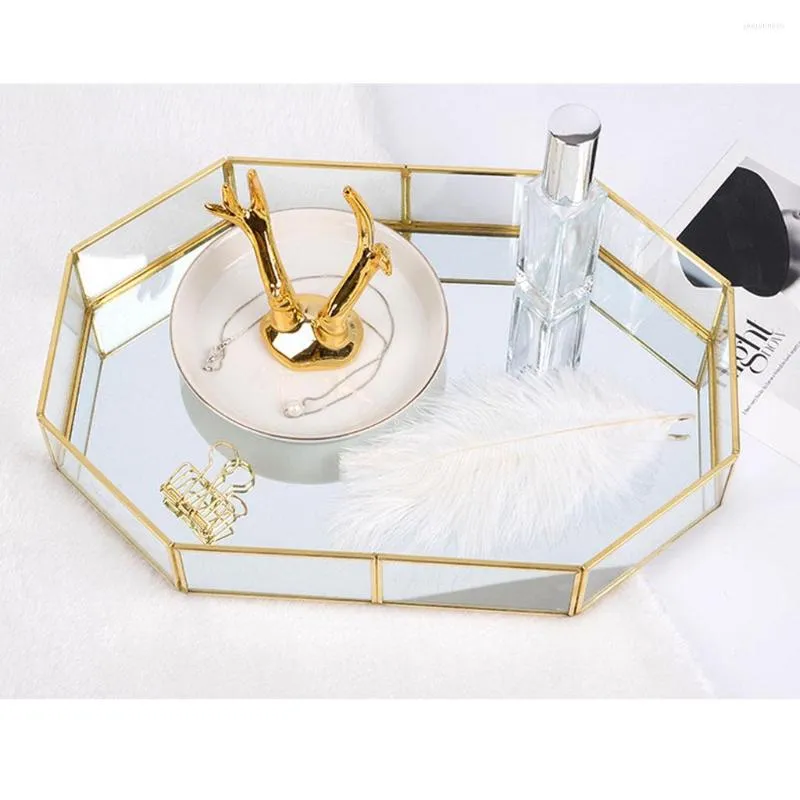 Smycken p￥sar hem k￶k dekor glas f￶rvaringsfack guld rektangel makeup arrang￶r h￥llare dessert platta display