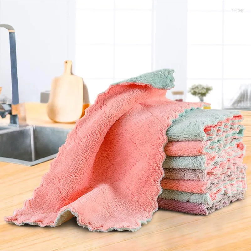 Handduk 5st Microfiber Cleaning Rags Super Absorberande hushållsrätt Kök Torka Tyg Dubbelsidig Diskduk Tvätttillbehör