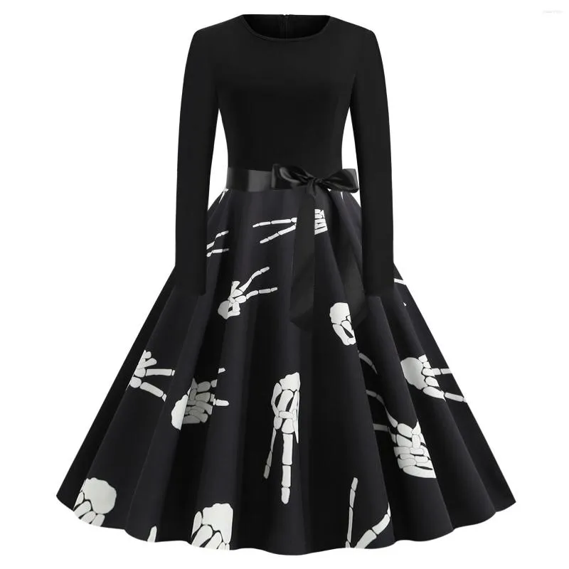 Casual Dresses Spring Winter Fall Halloween Skeleton Hand Print Crew O Neck Bow Long Sleeve Women Ladies Short Skater Party Fany Dress