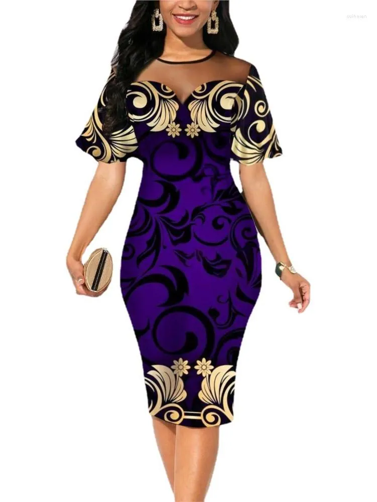 Ethnic Clothing African Pencil Dress Women O Neck Knee Length Dashiki Africa Summer Mesh Patchwork Sexy Office Lady Dresses