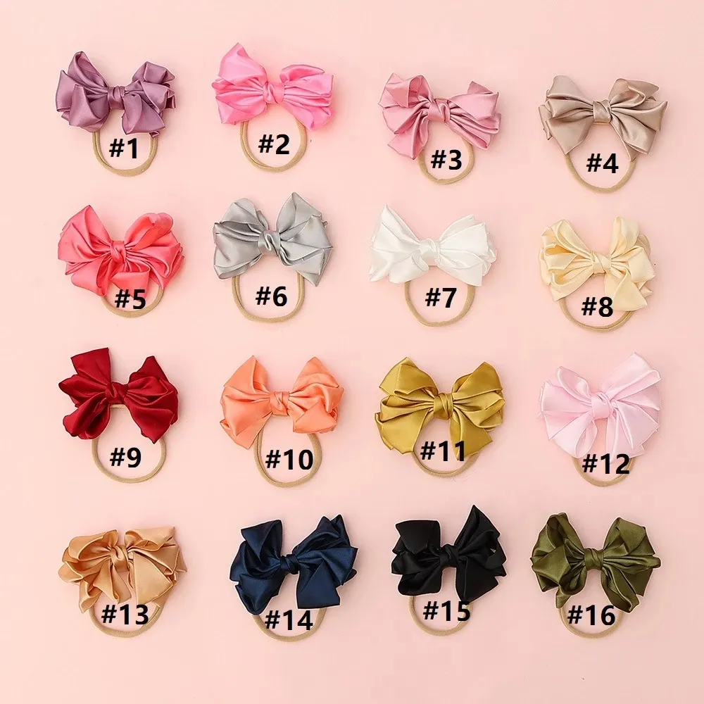 Satin bow baby girsl nylon pannband chidlren solid band haibow huvudkläder turban nylon naken barn hårband barn rörig bowknot