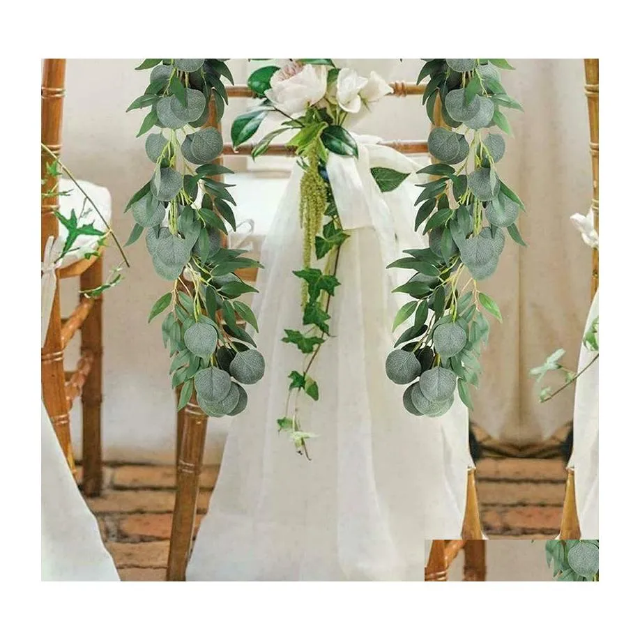 Couronnes de fleurs décoratives artificielles fausses guirlandes d'eucalyptus plantes à feuilles longues feuillage de verdure décor à la maison feuillage de plante de saule1 2 Dhm4A