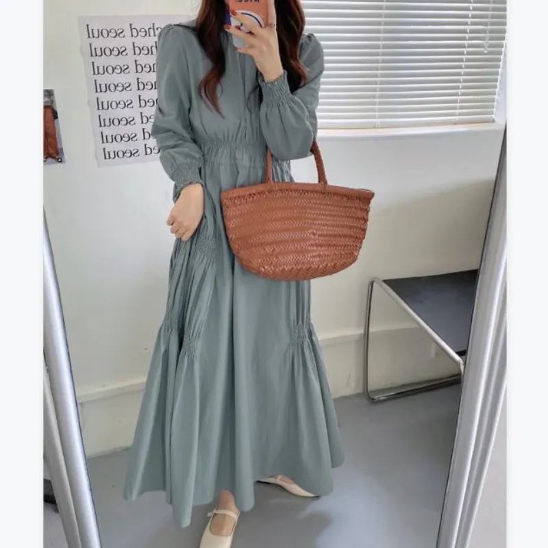 Party Dresses Vintage Puff Long Sleeve Maxi Women Elegant Oneck Shirring Slim Fit Chic Black Autumn Streetwear Winter Vestidos 221203