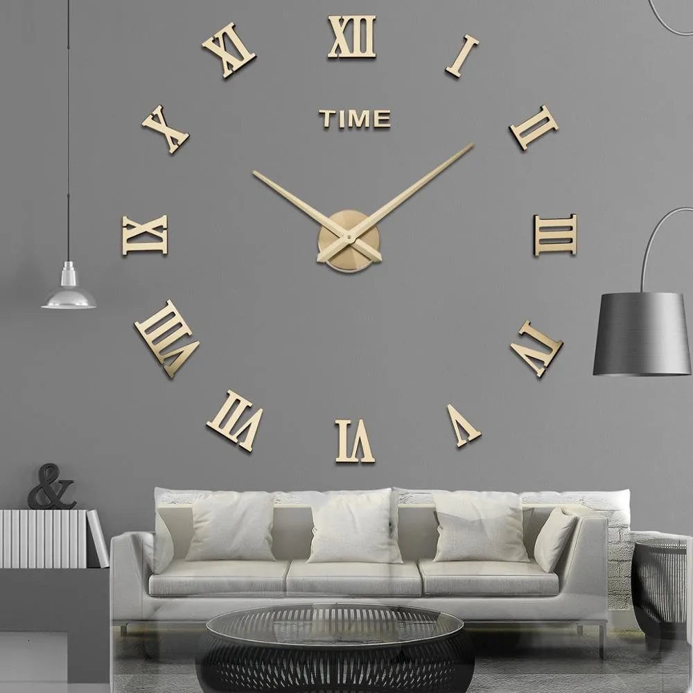 Horloges murales Offre spéciale 3D grand miroir acrylique horloge bricolage montre à quartz nature morte moderne décoration de la maison salon autocollants 221203