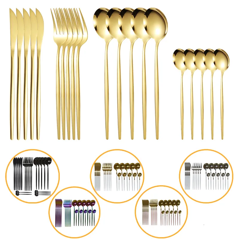 Geschirrsets 20pcs Gold Edelstahl Besteck Spiegel Silbermesser Gabel Löffel Tischwaren Flächenstärke Spülmaschine Safe 221205