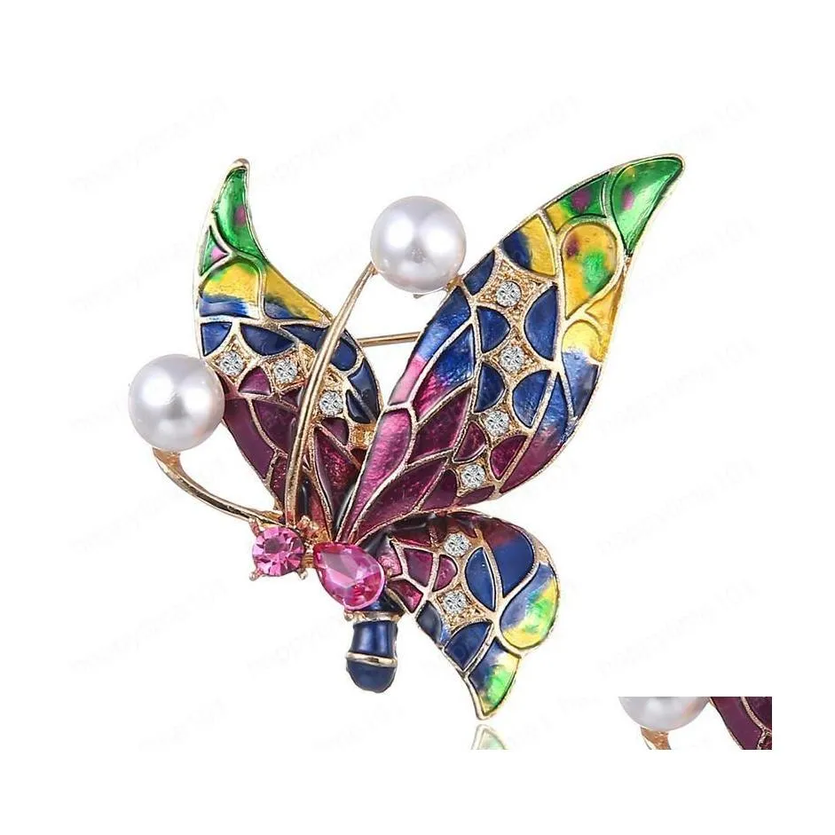 Pins Brooches Vintage Enamel Fashion Painted Insect Butterfly Brooches Pearl Cardigan Shawl Buckle Dress Brooch Lapel Pin For Women Dhfhe