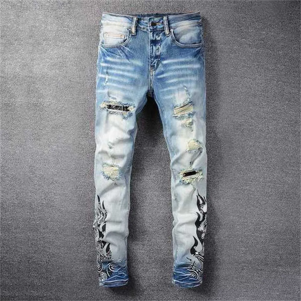 Heren jeans ontwerper heren coole stijl luxe mode geborduurde patches denim pant ben noodlijdende fietser zwart blauwe mannen slanke potlood Jean slimz7de