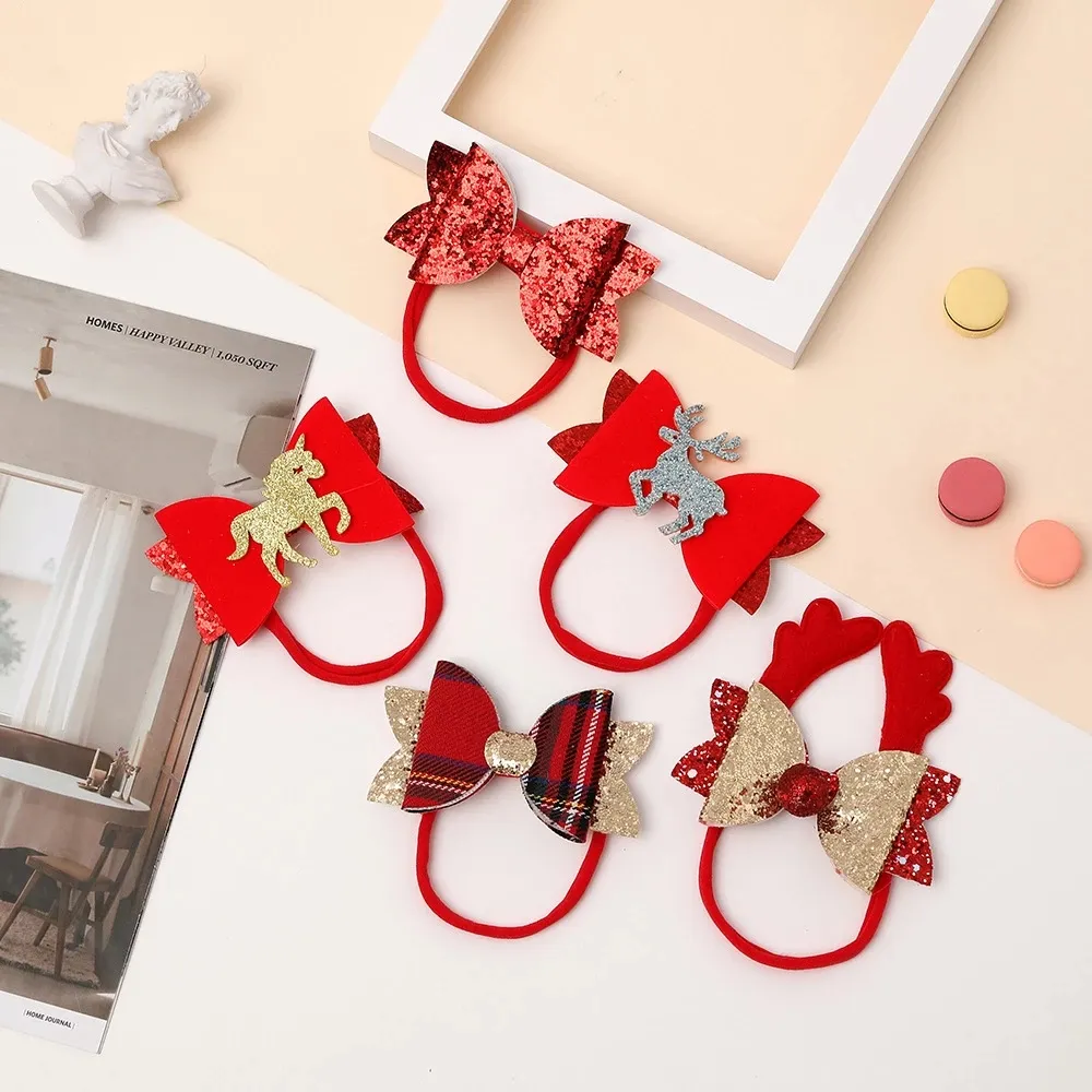 Kersthoofdbanden rode nylon tulband voor baby haaraccessoires Moose Santa hoofdband pasgeboren babymeisjes Xmas Bow Headwar Children Hairband