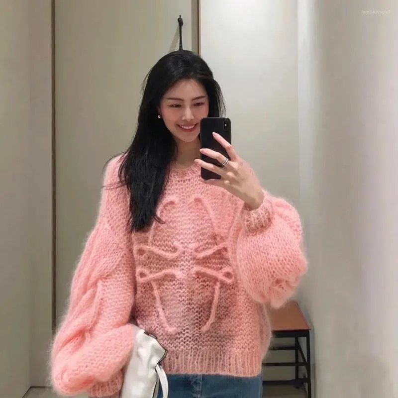 SWEATER Projektantka mody Swettery Koreańskie mody Latarnie Soft Mohair O Neck Sweter Kobiety jesień i wiosenny pullover długi dzianinowy top loewees