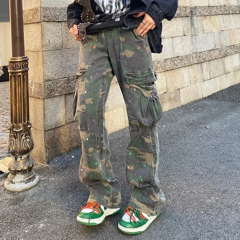 Cargohose mit weitem Bein für Herren, modische Camouflage-Seitentaschen, Sport-Jogginghose, Damen, Retro-Stil, lockere, ausgestellte Hose