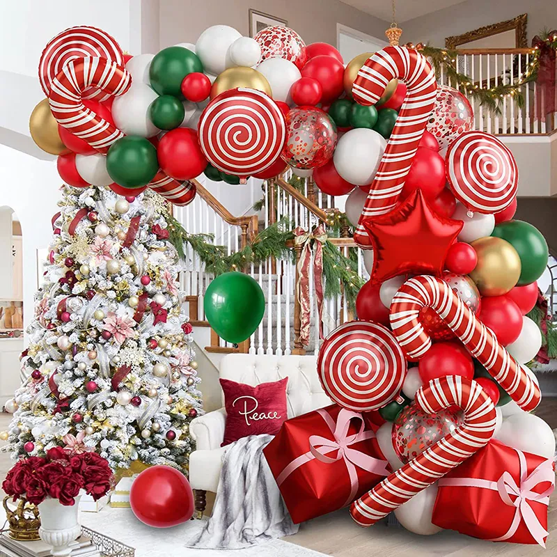 Christmas Decorations Candy Cane Christmas Balloon Arch Garland Kit Red Gold Latex Ballons Christmas Foil Globos 2023 Party Decor 221205