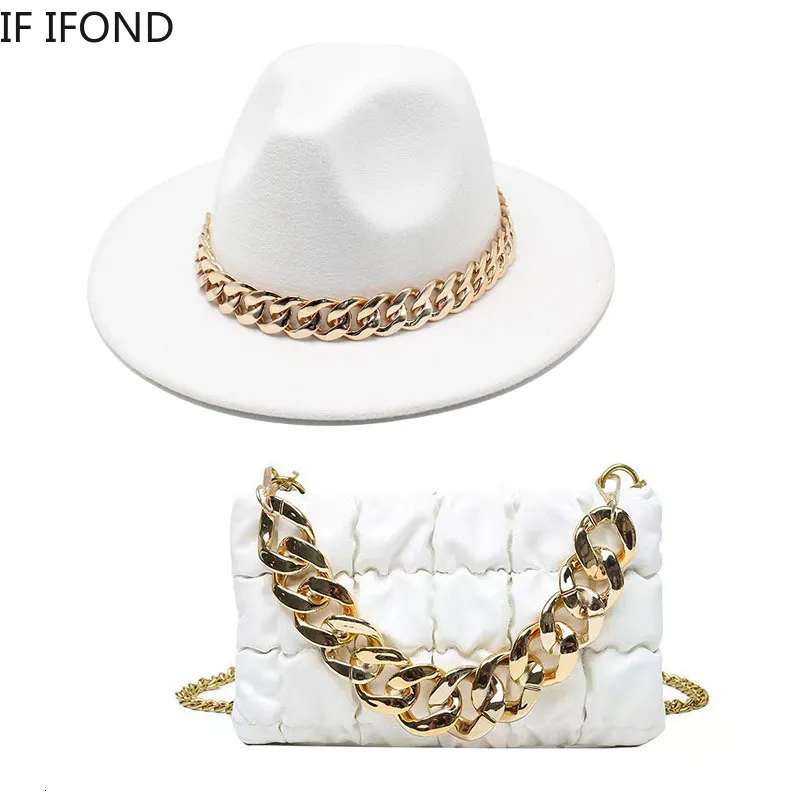 Wide Brim Hats Bucket Women Oversized Chain Accessory Bag And Fedoras 2-piece Sets Fashion Luxury Party Wedding Jazz 221205