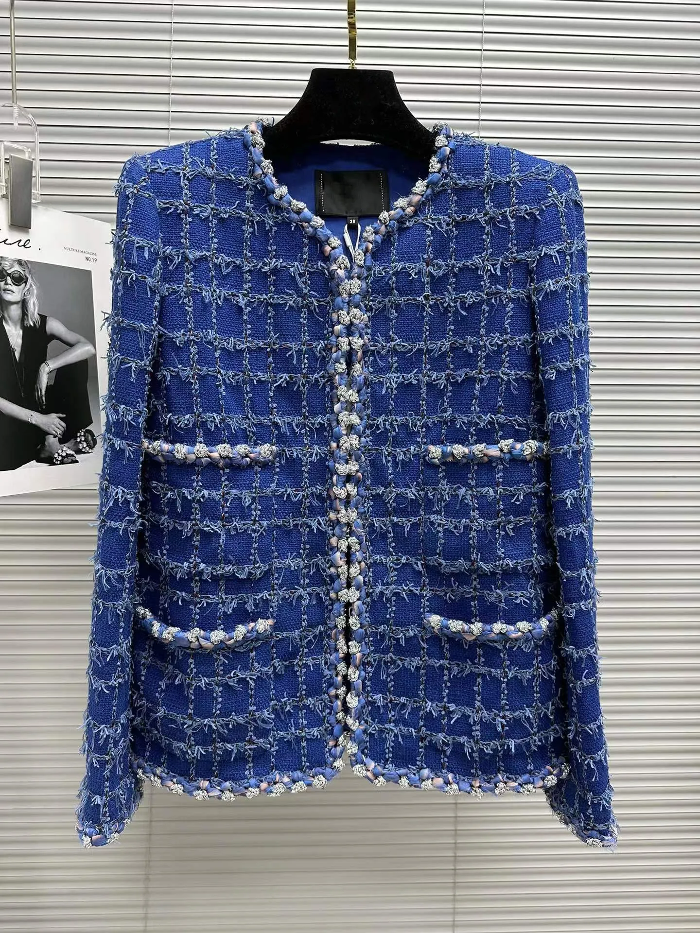 Tweed Blazer Jacket For Women Blue Plaid Long Sleeve Button Up - Main Image