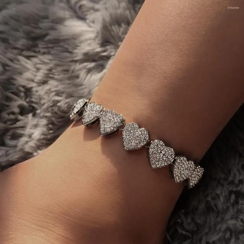 Anklets Fashion Shiny Full Rhinestone Heart Bracelet For Women Iced Out Crystal Cuban Link Chain Anklet Summer Barefoot Jewelry