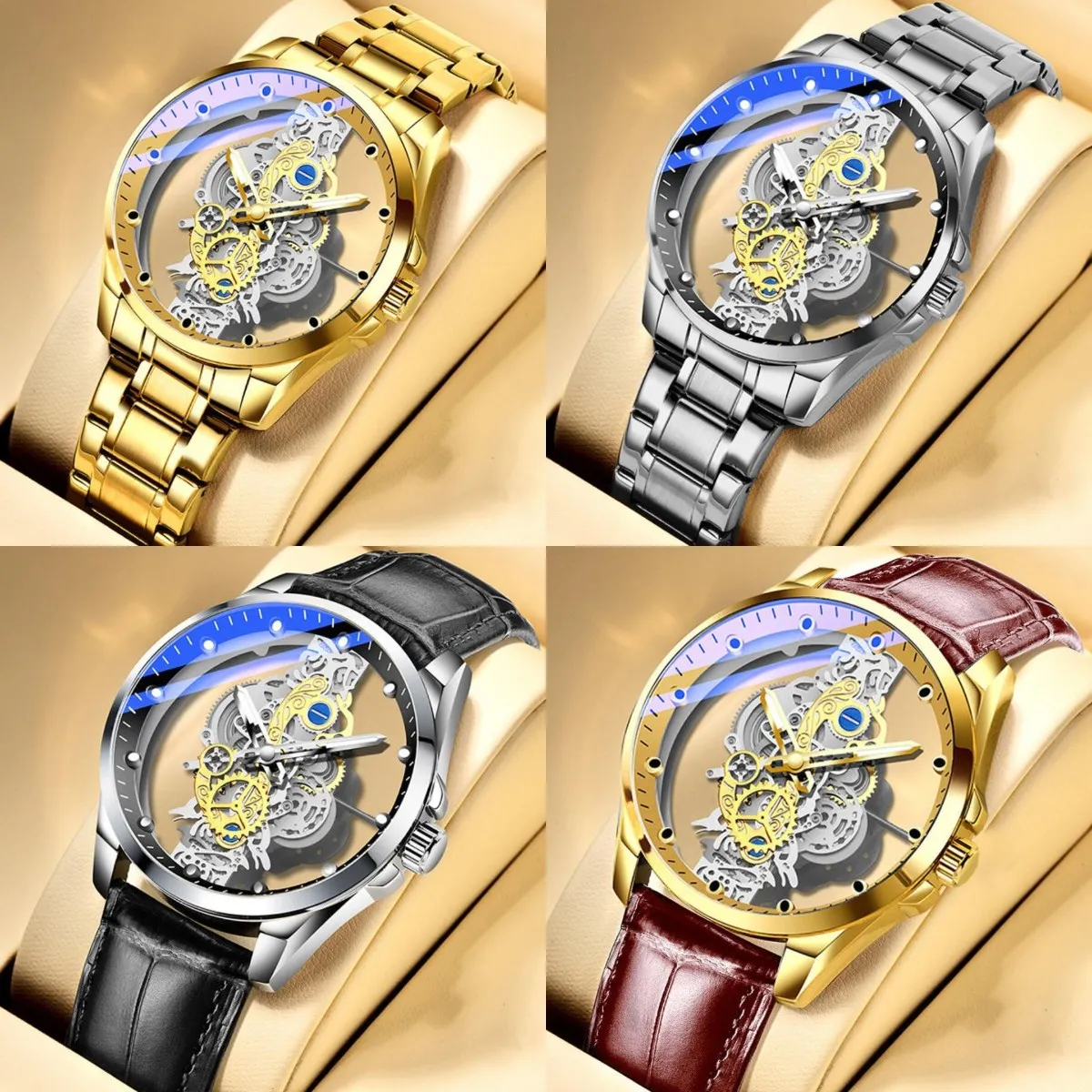Gold Automatic Watch Men Stainless Steel Strap Skeleton Mechanical Watches Top Brand Luxury Luminous Pointer Watch