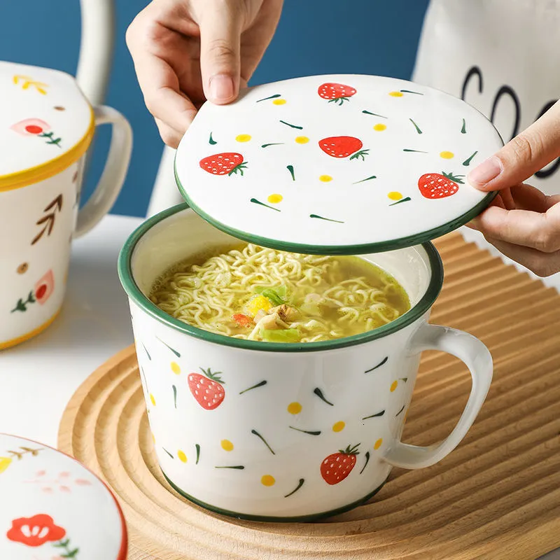 Bols en céramique nouilles tasse bol ins style campagnard créatif avec couvercle boîte étudiant déjeuner soupe instantanée ensemble dîner 221203