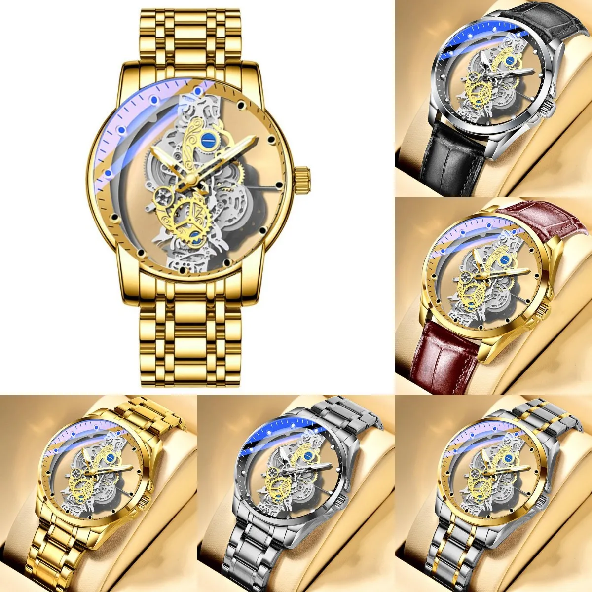 Wristwatch Double Hollow Automatic Machine Stainless Steel Men Watch Non mechanical Quartz Movement Tourbillon Watch for Man