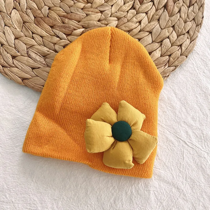 Knitted Beanie for Newborn Warm Hat Children Flower Skullies Solid Knit Bonnet with Big Sun Flower Baby Girls Turban Hats Cap