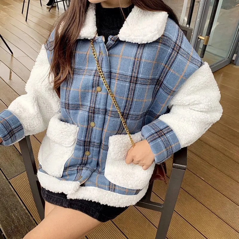 Women s Down Parkas MEXZT Japanese Faux Lamb Fleece Winter Plaid Coats Women Oversize Thick Warm Loose Cargo Jackets Korean Preppy Style Outwear 221205