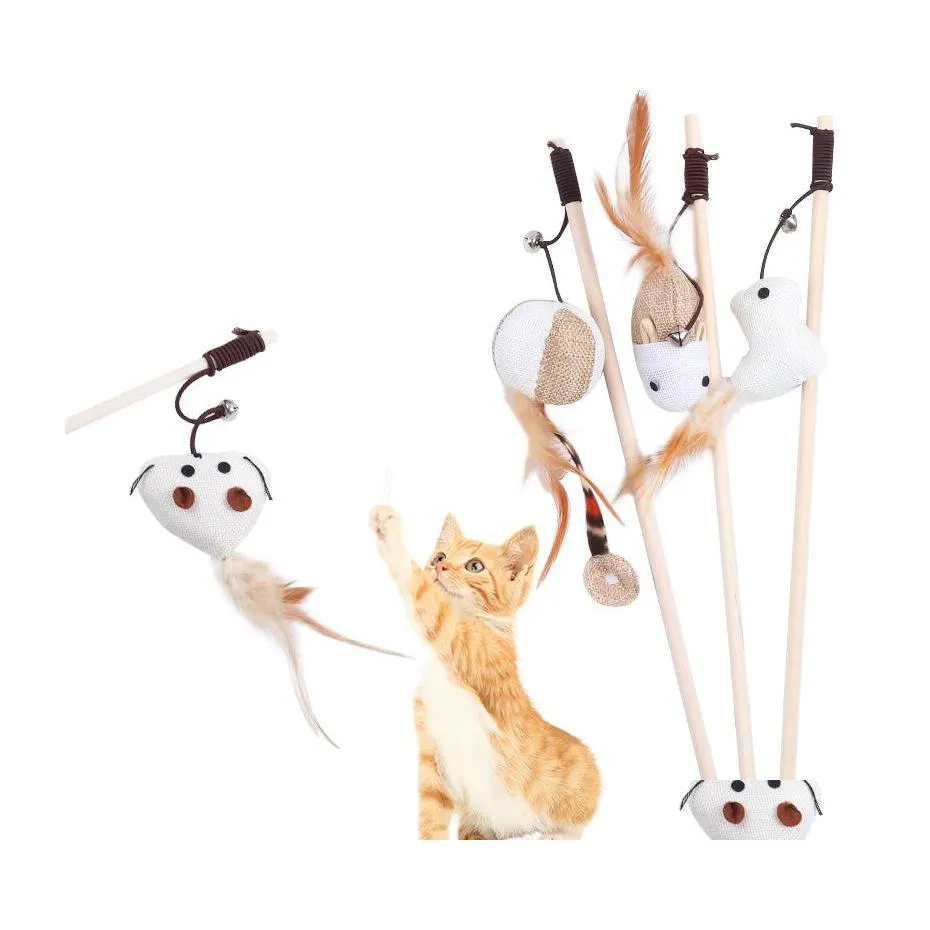 Jouets pour chats Jouets pour chats Jouets pour animaux de compagnie Accessoires pour chat Teaser Chaton Baguette Sisal Ball Bell Plume Corde élastique Bois Tige Bâton 20220611 T2 Dhxhj