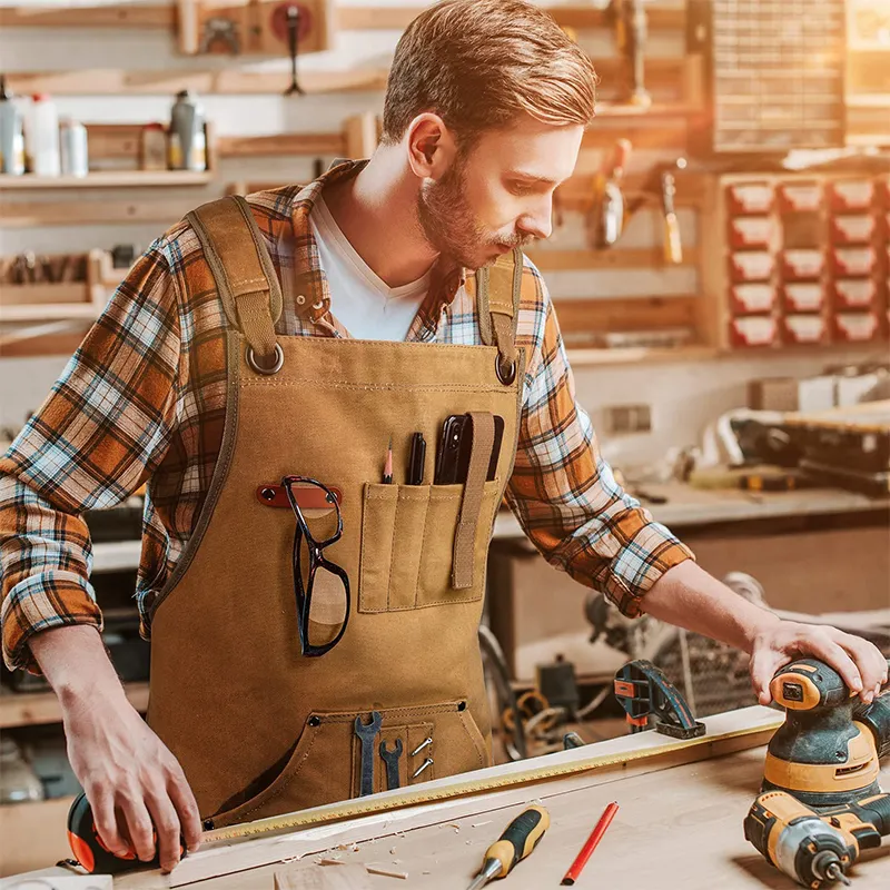 Schürzen, langlebige Arbeitsschürze mit Werkzeugtaschen, strapazierfähig, Unisex, aus Segeltuch, verstellbare Crossback-Riemen für Holzbearbeitung, Malerei, 221203