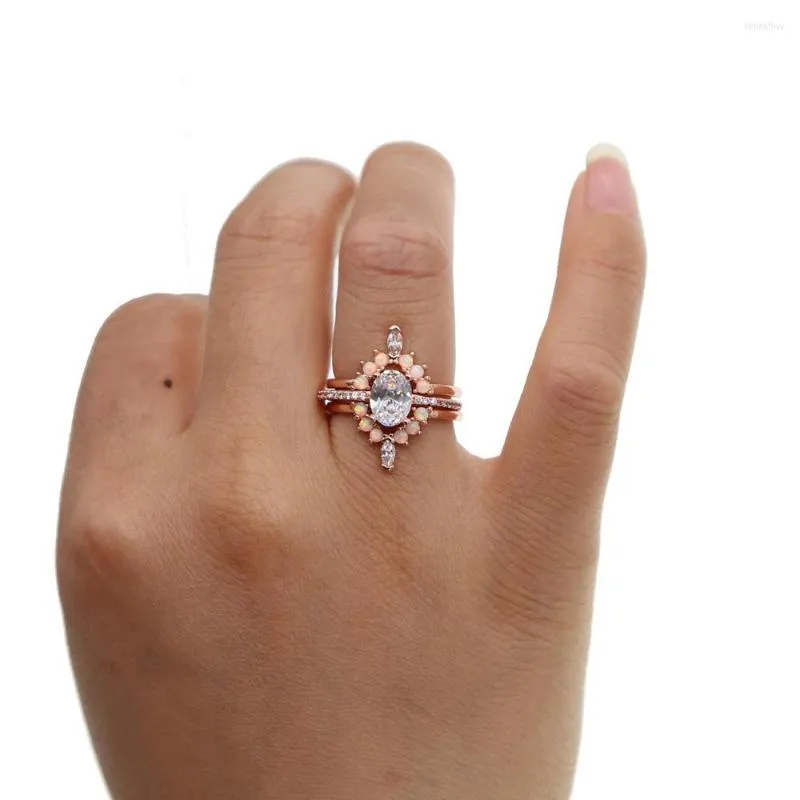 웨딩 반지 로즈 골드 컬러 패션 스태킹 보석 링 3 PCS PRONG 설정 흰색 블링 CZ OPAL 여성 약혼 밴드