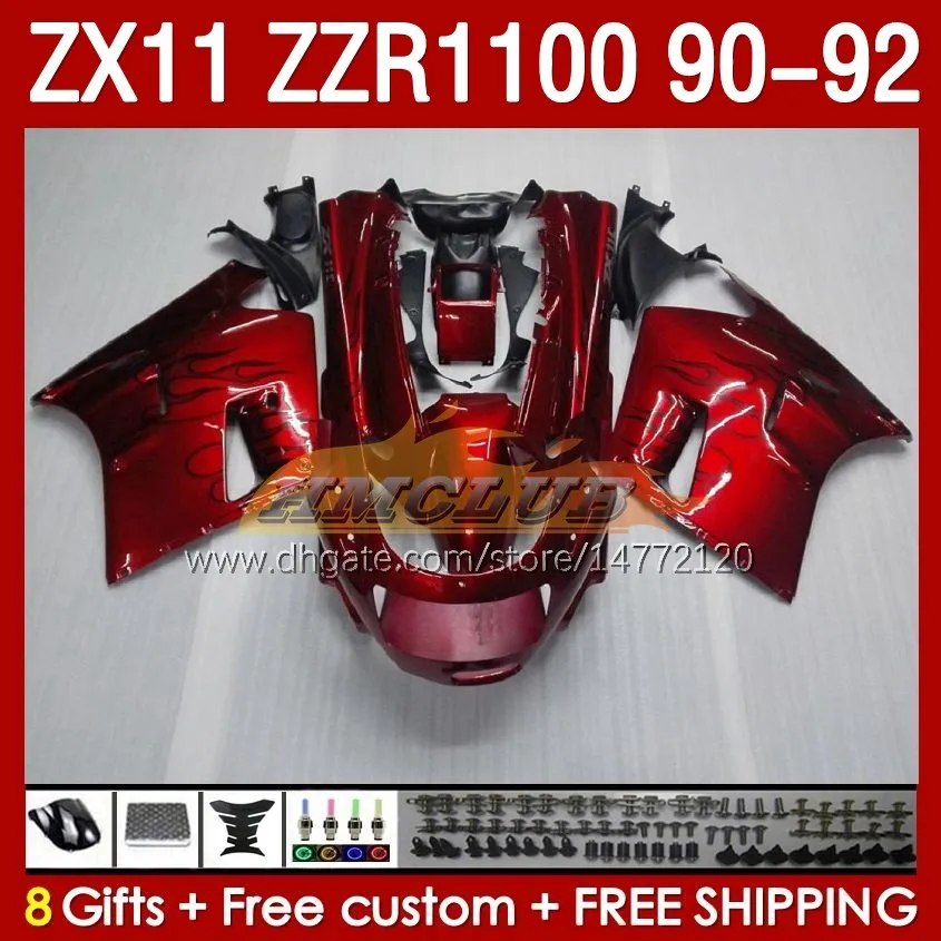 Fairings Kit For KAWASAKI NINJA ZX 11 R 11R ZX-11 R ZZR1100 ZZR 1100 CC Body 164No.0 ZX11 R 90-92 ZX-11R ZZR-1100 ZX11R 90 91 92 1990 1991 1992 ABS Full Fairing Metallic Red