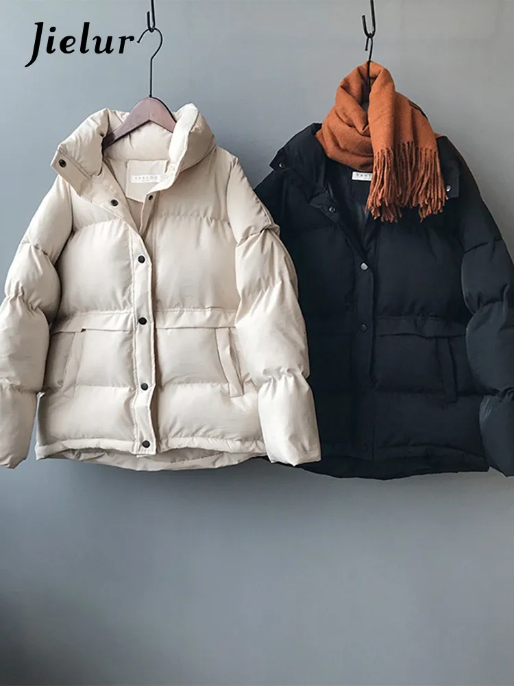 Kadınlar Down Parkas Jielur Moda Düz Renk Kış Ceketi Stand Yasağı Tek Yemeli Çıktıyan Tarz Siyah Parka Ladies Outerwear 221205