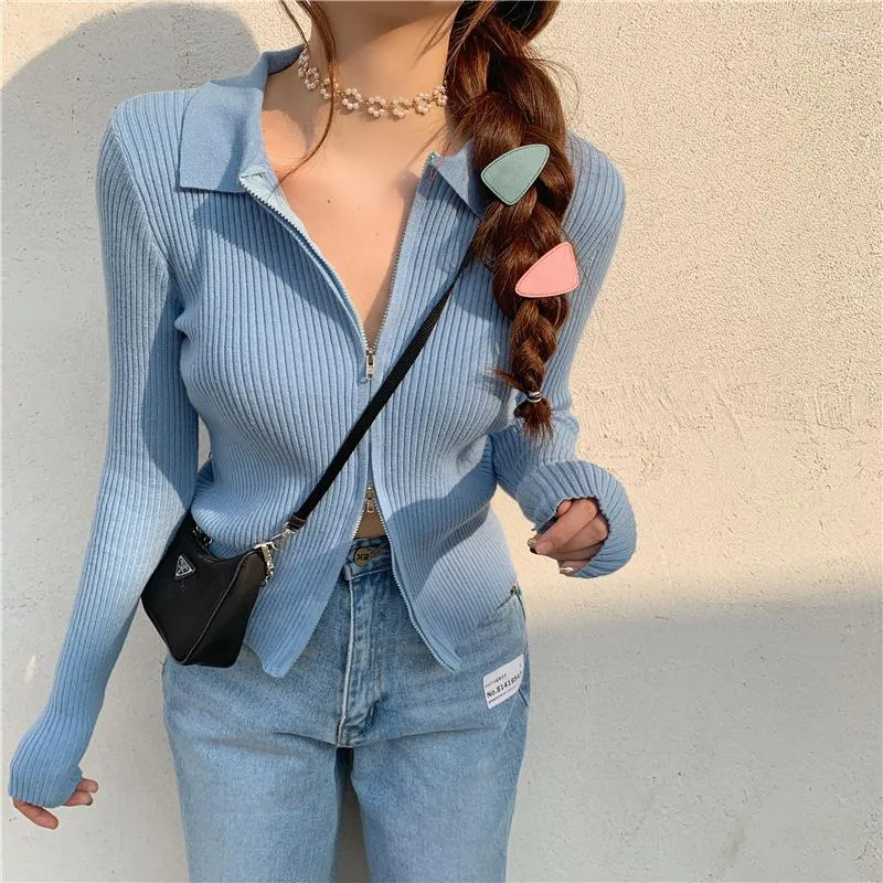 Women's Knits Cropped Cardigan Blue Sweet Knitted Women Double-headed Zipper Long Sleeve Summer Short Sweater Crop Top Femme