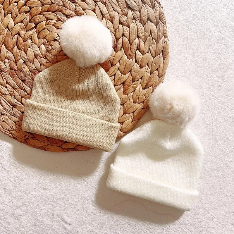 Pom Ball Knitted Beanie for Baby Girls Headwrap Newborn White Fur Ball Knit Bonnet Toddler Winter Warm Skullies Pink Hat