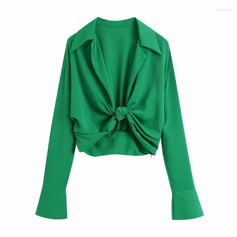 Camicette da donna Camicie da donna Donna 2022 Moda Colletto rovesciato Annodato Colore verde Camicetta corta Camicetta manica lunga femminile Slim