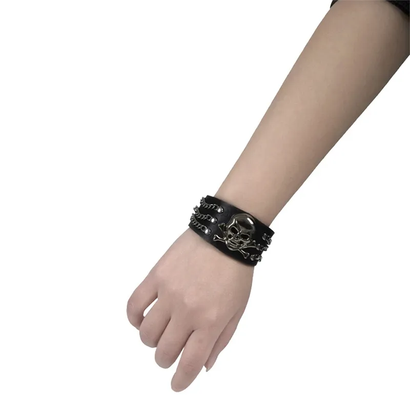 Bracciale Regolabile In Pelle Con Strass E Teschio, Stile Punk, Per Uomo E Donna, Colori Assortiti, Chiusura A Bottone