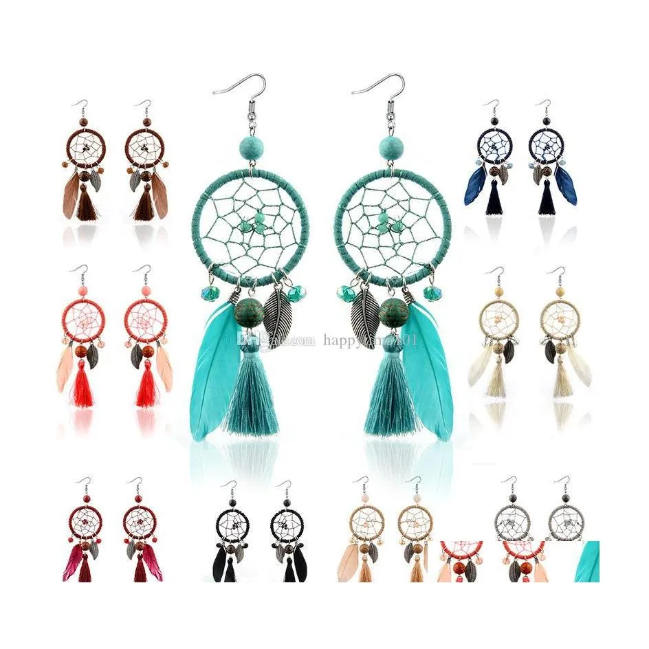 Dangle Chandelier Long Bohemian Ethnic Wind Manual Ear Jewelry Dreamcatcher Feather Earrings 9 Styles Drops Tassel For Women Fashi Dhxhd