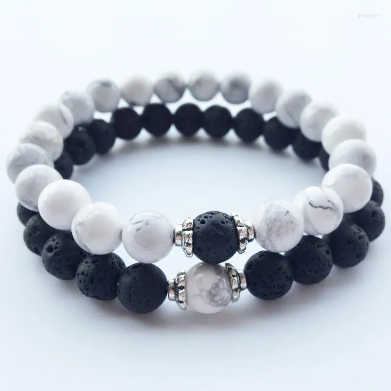 Strand 8mm Natural Black White Volcanic Stone Pine Armband Lava Rock Bead Manliga kvinnliga älskare smycken gåvor