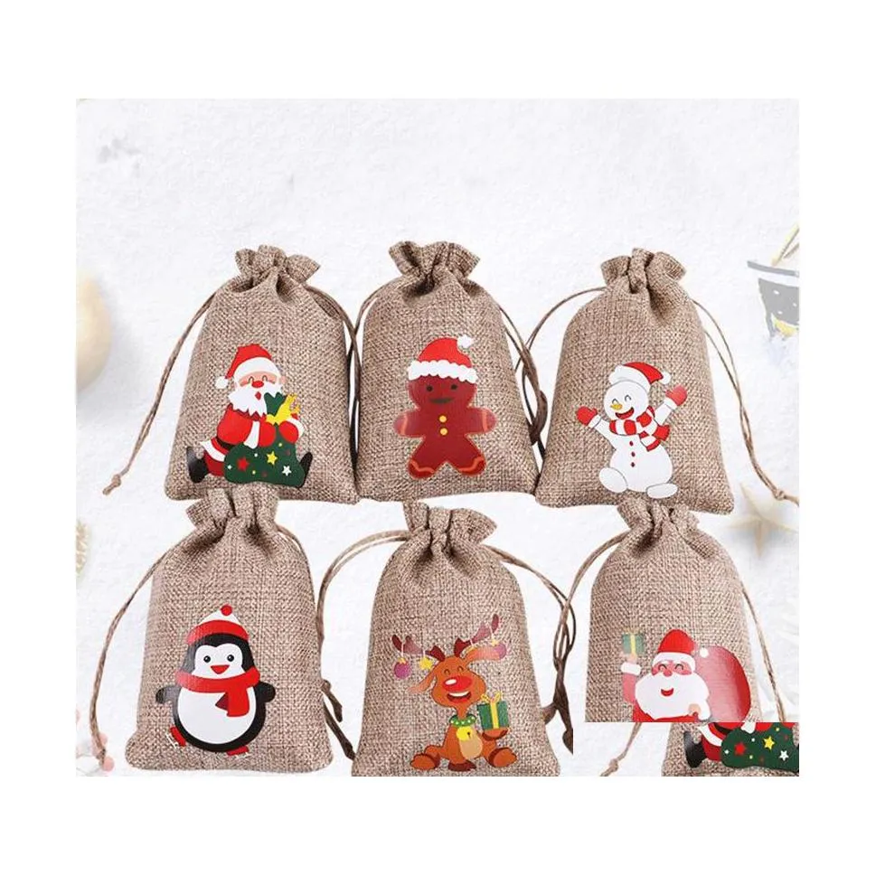 Present Wrap Christmas Burlap Linen DString Bag Gift Wraps Santa Claus Snowman Penguin Elk Candy Jewelry Packaging Present förvaringspåsar Dhigf